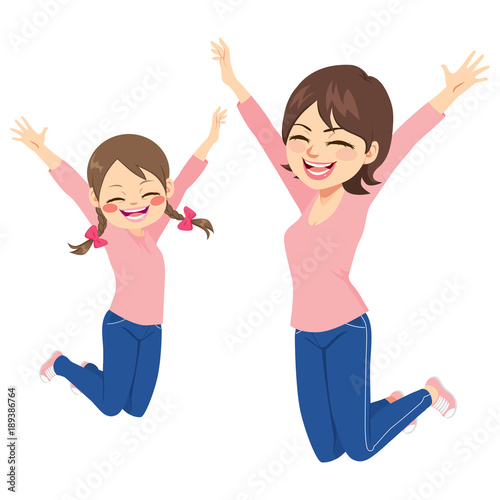Beautiful mother and daughter jumping happy together with same outfit