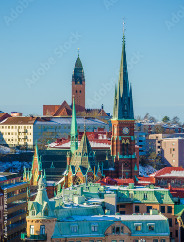 View over colorful churches and roofs of Gothenburg during Winter photo