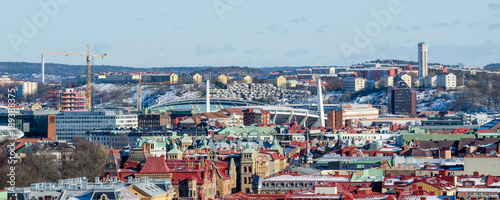 Gothenburg - view over the city's colorful roofs with popular Ullevi stadium during winter