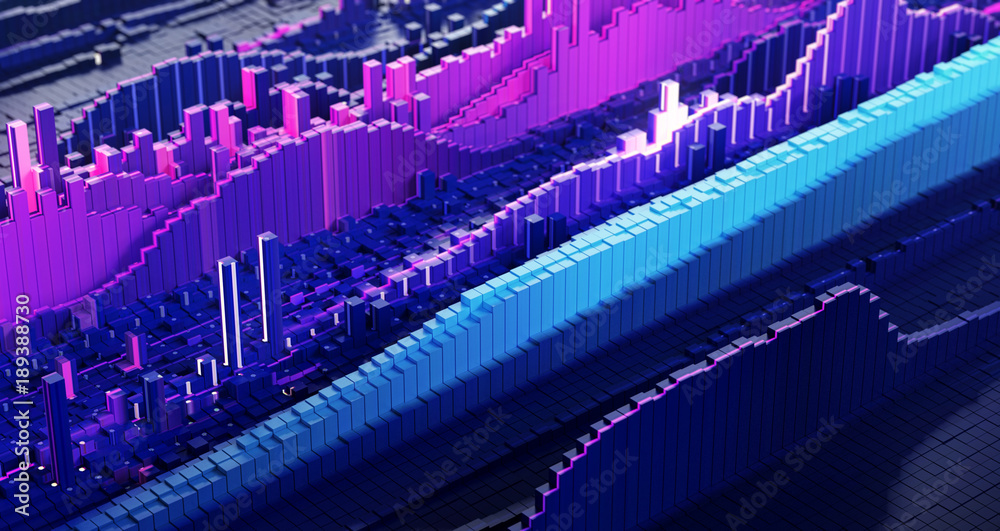 Abstract musical equalizer background. Colorful rectangles. Geometry primitives with random vertical position.3d Concept Illustartion