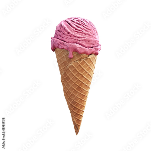 Highly detailed delicious blackberry ice cream in waffle cone isolated on white background. 3D illustration
