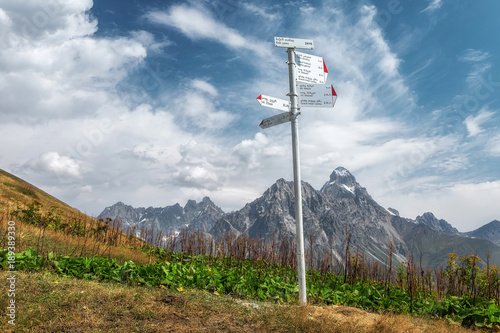 Directions sign on the Baki pass Mt Ushba view