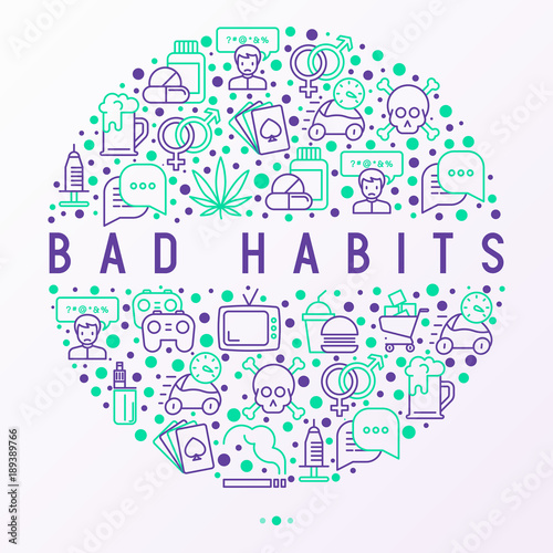 Bad habits concept in circle with thin line icons: abuse, alcoholism, cigarette, marijuana, drugs, fast food, poker, promiscuity, tv, video games. Modern vector iilustration for banner, print media.