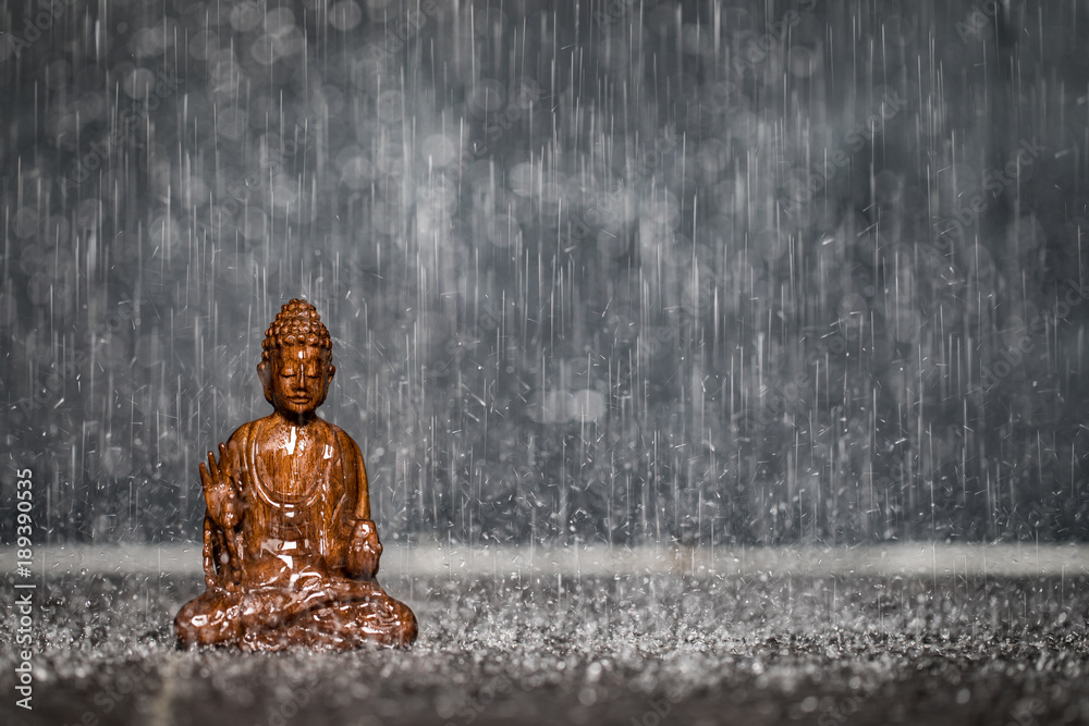 Buddha Statue aus Holz im Regen - obrazy, fototapety, plakaty 