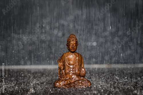 Samolepka Betende Buddha Statue aus Holz im Regen