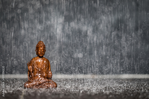 Buddha Statue aus Holz im Regen