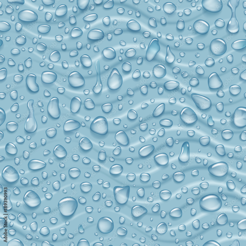 Seamless pattern of waves and water drops of different shapes with shadows in gray colors