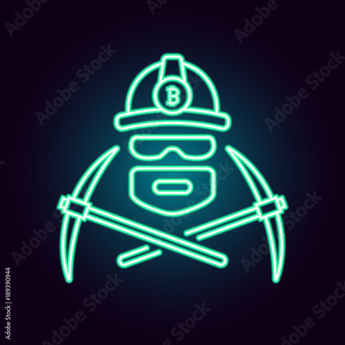 Bitcoin mining vector illustration in neon style. Flat simple linear icon of a worker mining cryptocurrency with pickaxes