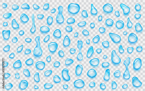 Set of light blue translucent water drops of different shapes with shadows, isolated on transparent background. Transparency only in vector format