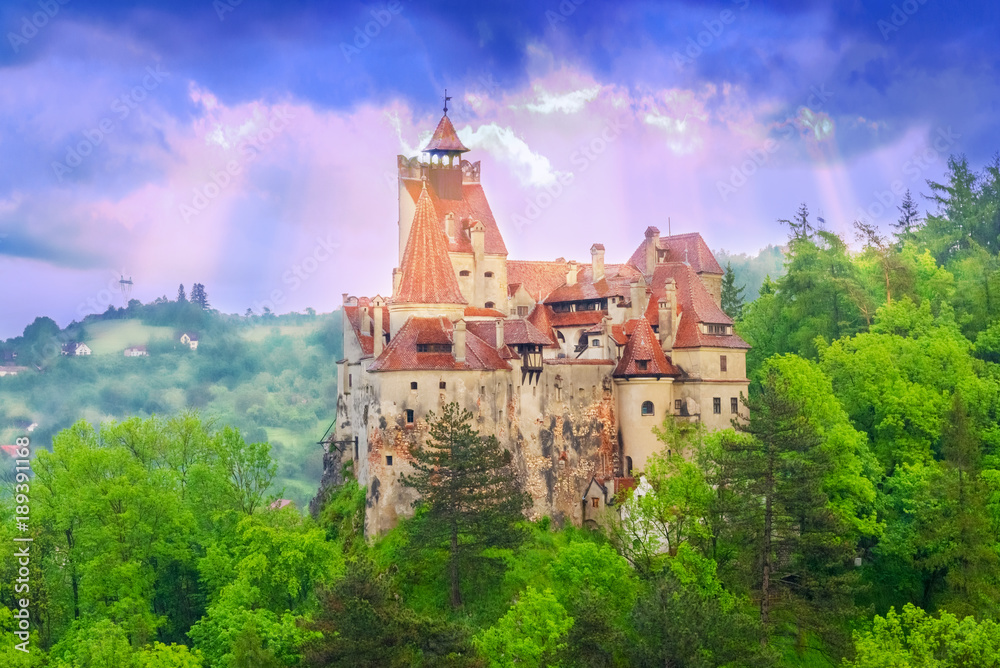 Beautiful landscape with the legendary and historical Dracula castle, medieval monument of Transylvania in Brasov region, Romania