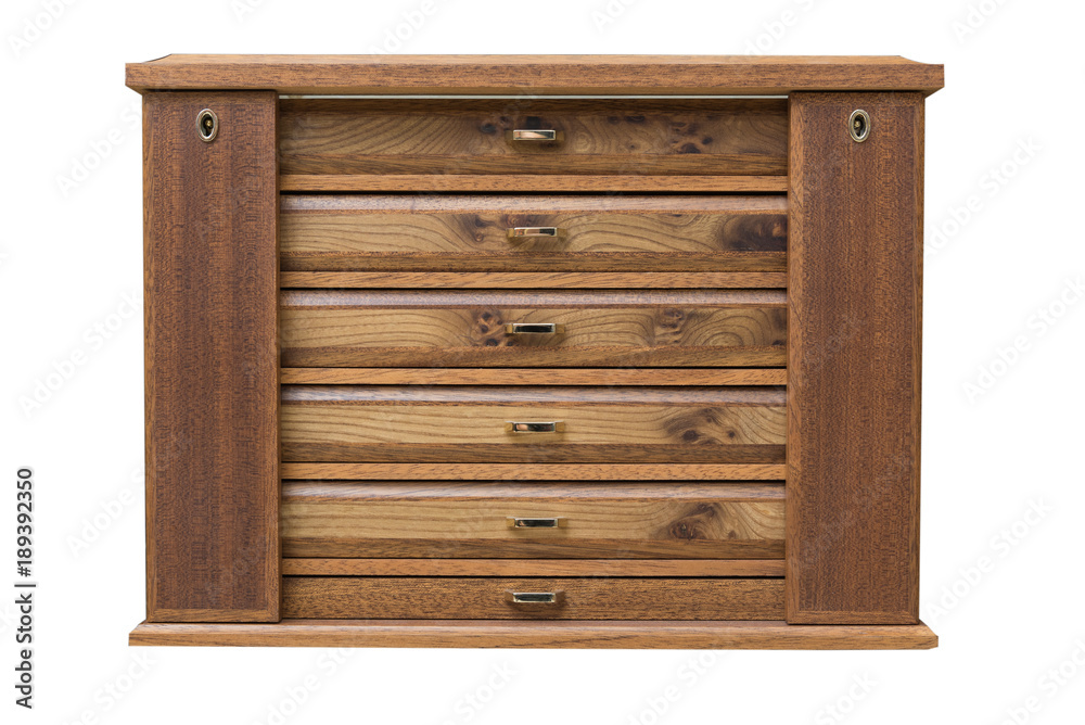 Furniture, a chest of natural wood with drawers on a white background.