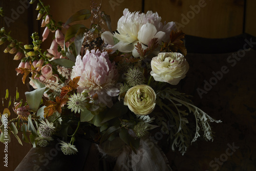 Fresh bouquet with foxgloves and peonies