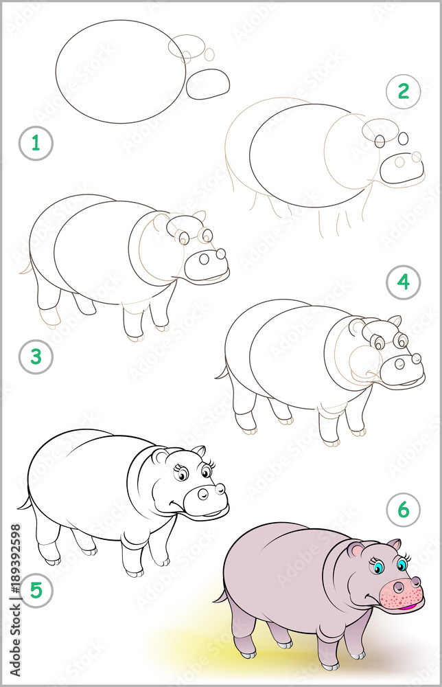 Page shows how to learn step by step to draw a smiling hippo. Developing children skills for