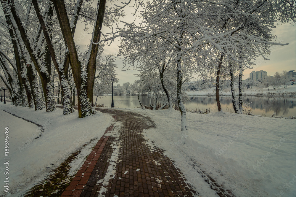 a footpath in a winter city park along the river bank a footpath in a winter city park along the river bank