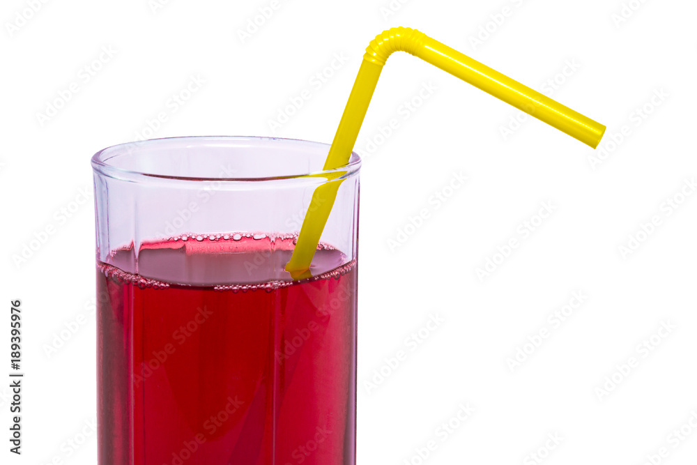Glass of red juice with yellow tubule isolated on white background Glass of red juice with yellow tubule isolated on white background