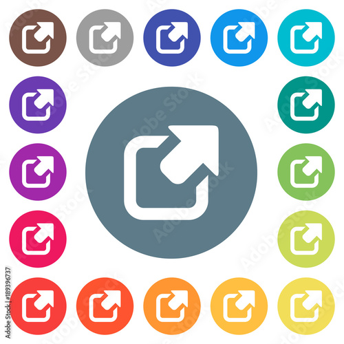 Export symbol with upper right arrow flat white icons on round color backgrounds