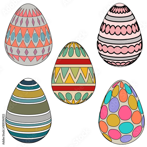 Happy Easter.Set of Easter eggs with different texture on a white background.Spring holiday. Vector Illustration.Happy easter eggs