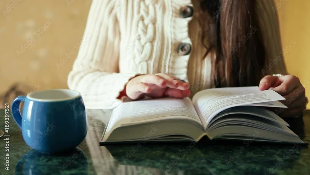 Young woman read book and drink tea, education or leisure concept Young woman read book and drink tea, education or leisure concept