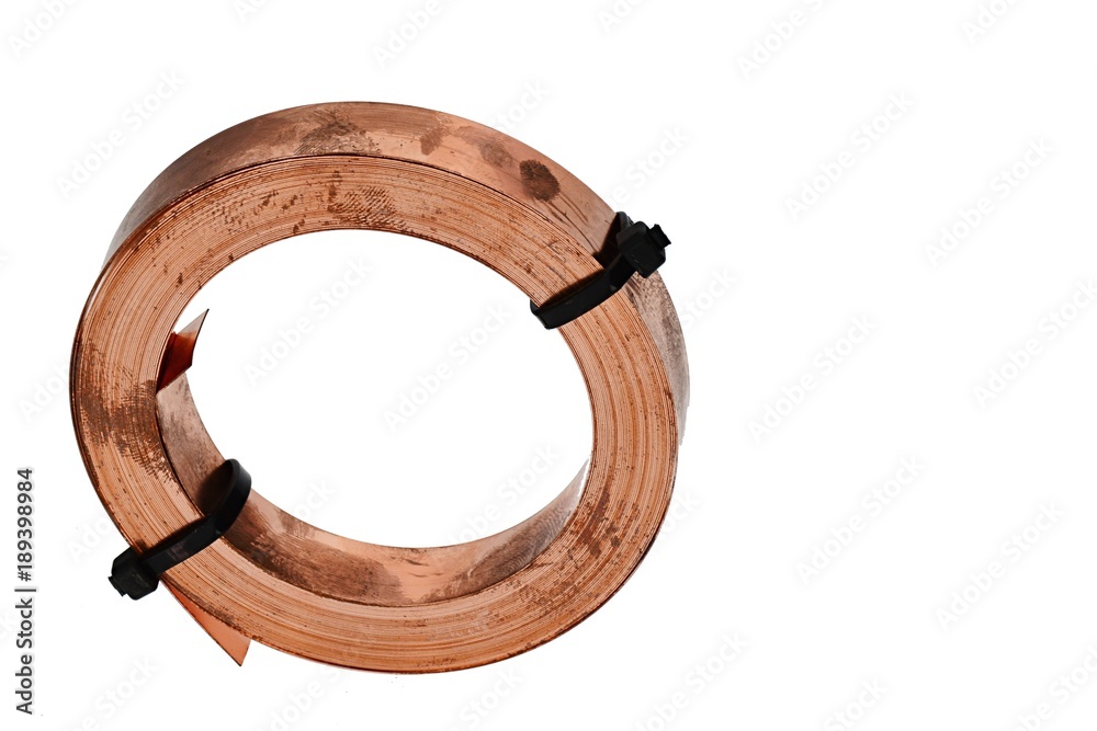 Roll of thin electrical copper strip bounded with tightening black plastic  straps, white background, front view. Stock Photo | Adobe Stock