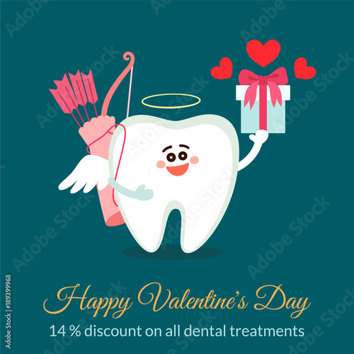 Dental valentine card. Cartoon tooth, cupid with bow, arrows and gift. Discount concept. Happy Valentine's Day! Greeting from dentistry.