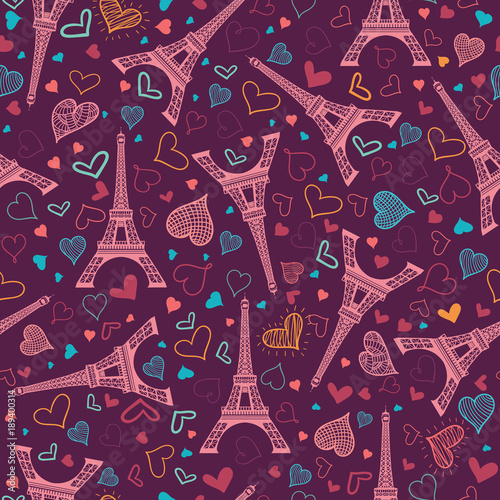 Vector Pink Eifel Tower Paris Seamless Repeat Pattern Surrounded By St Valentines Day Hearts Of Love. Perfect for travel themed postcards, greeting cards, wedding invitations.