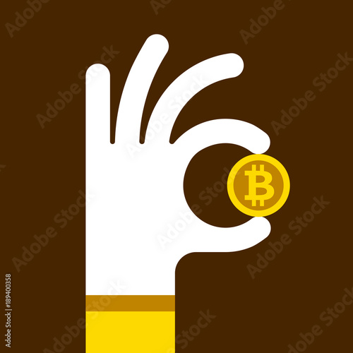 Hand holds a gold coin bitcoin. The symbol is Ok; BTC flat icon