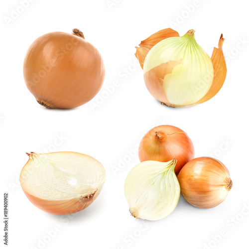 Collage with fresh onion on white background