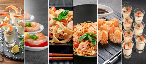 Collage with recipes for different shrimp dishes