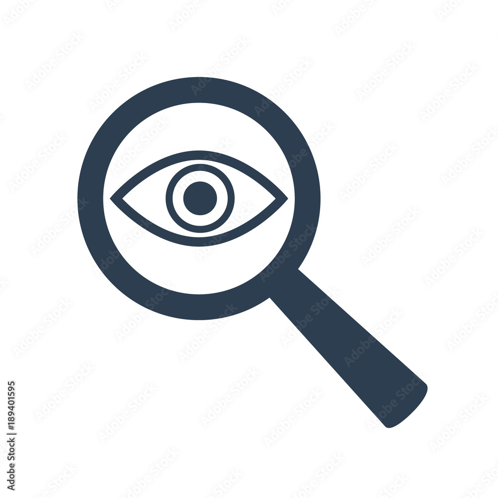 Icon eye with a magnifying glass on white background. Icon eye with a magnifying glass on white background.