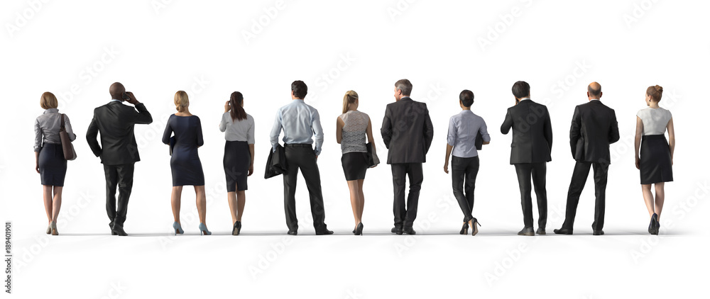 Back view of standing business people. Illustration on white background, 3d rendering isolated. - obrazy, fototapety, plakaty 