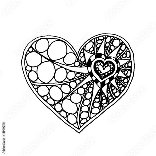 Fototapeta Naklejka Na Ścianę i Meble -  Vector illustration of doodle hand drawn heart. Coloring page book for Valentine day. Black and white card for Saint Valentines Day. Symbol of love
