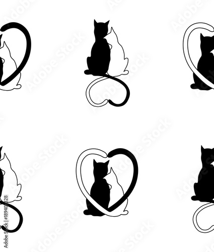 Vector seamless pattern from silhouette of cat couple in love with shape heart tails. Black and white cat couple on white background