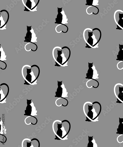 Vector seamless pattern from silhouette of cat couple in love with shape heart tails on grey background. Vector greeting background