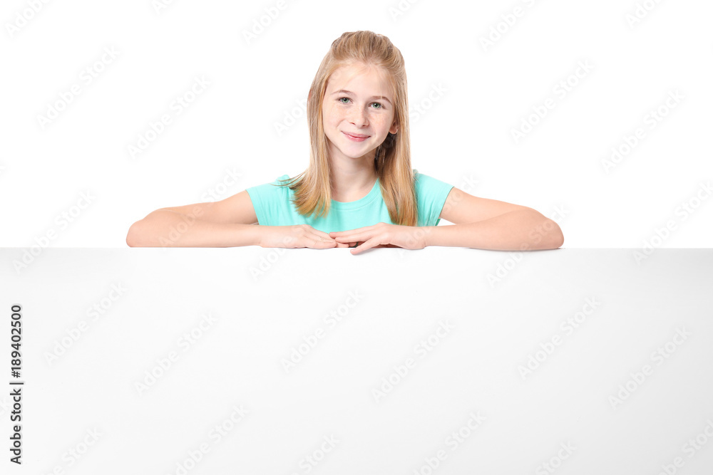 Cute girl with blank advertising board on white background Cute girl with blank advertising board on white background