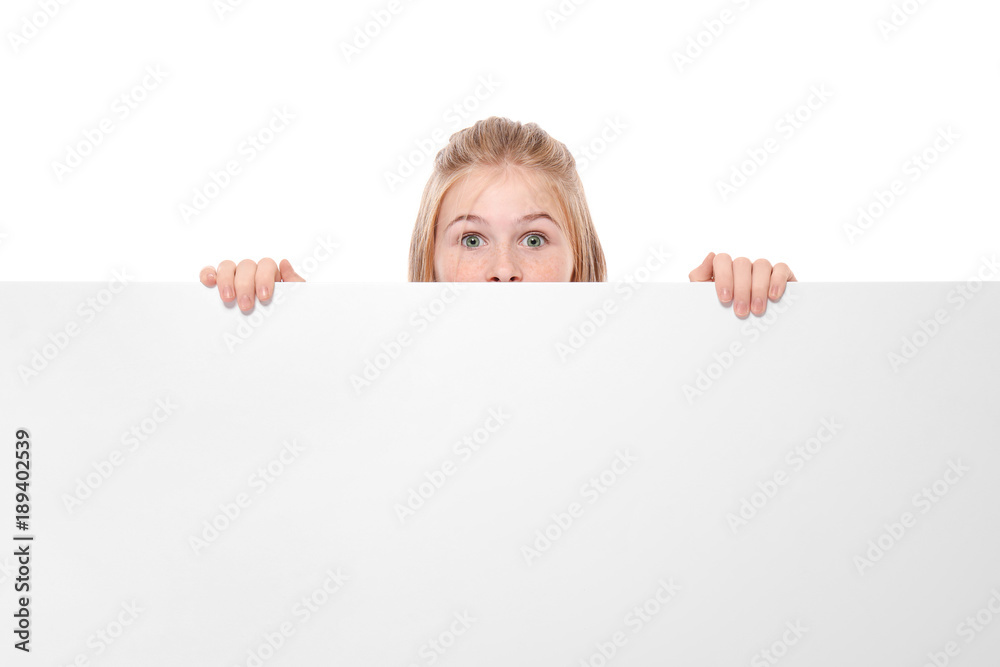 Cute girl with blank advertising board on white background Cute girl with blank advertising board on white background