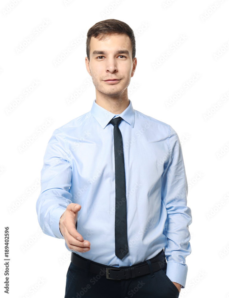 Car salesman stretching hand for handshake, on white background Car salesman stretching hand for handshake, on white background