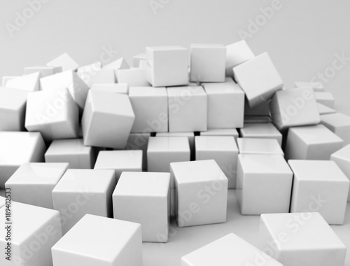 Stacked and collapsed white cubes. 3d illustration