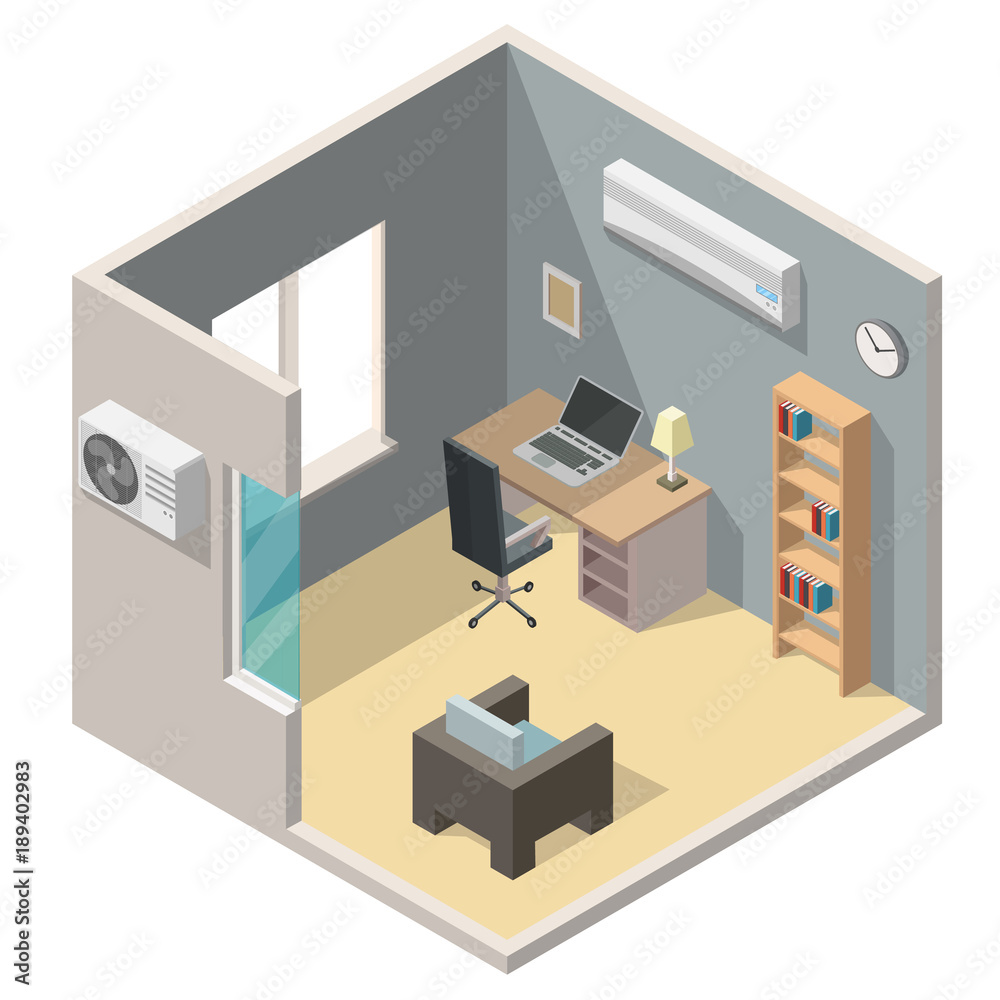 Isometric air conditioning system climate control living room interiors vector 3d set