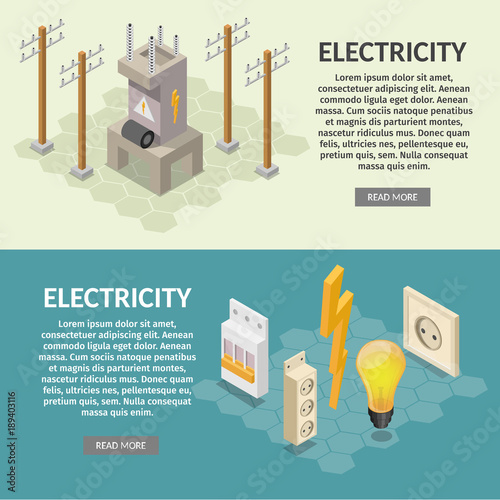 Electricity isometric elements of transformer, bulb, socket, extension, switch, column.