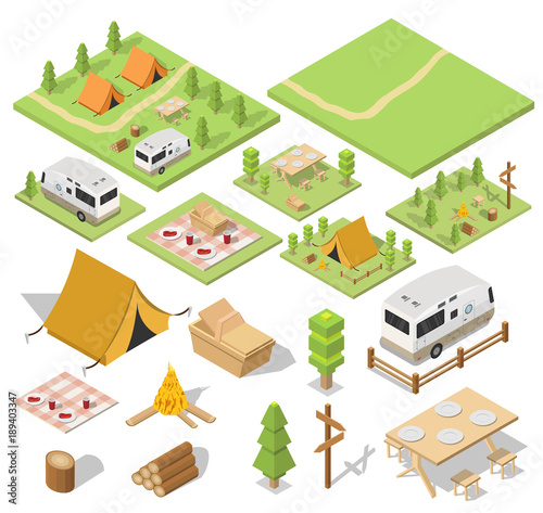 Isometric camping and hiking illustration picnic vector 