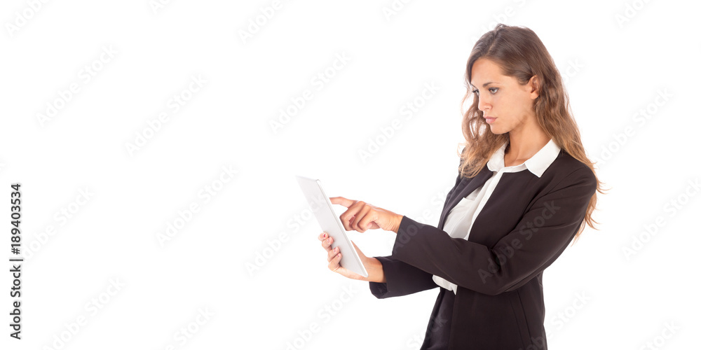 Beautiful young business woman working with a tablet; copy space photo, customizable background