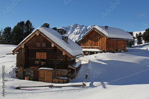 baite nella neve; sullo sfondo la Viezzena. Val di Fiemme, Trentino