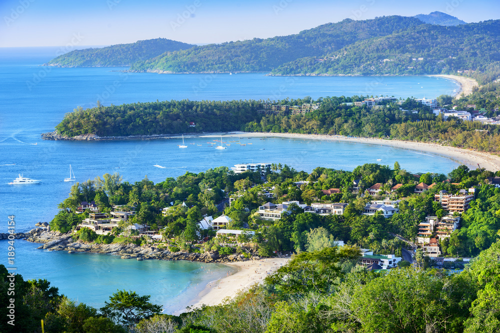 Phuket at dusk, Patong Beach, Karon Beach, Kata Beach, Taken from Karon Viewpoint. Phuket, Thailand.