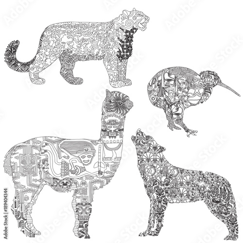 Alpaca, wolf, kiwi, snow leopard with ethnic patterns. 4 animals with ornaments of Peru, Turkey, New Zealand, Kyrgyzstan.
