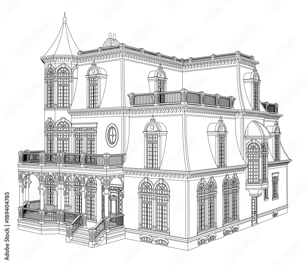 Old house in Victorian style. Illustration on white background. Black ...