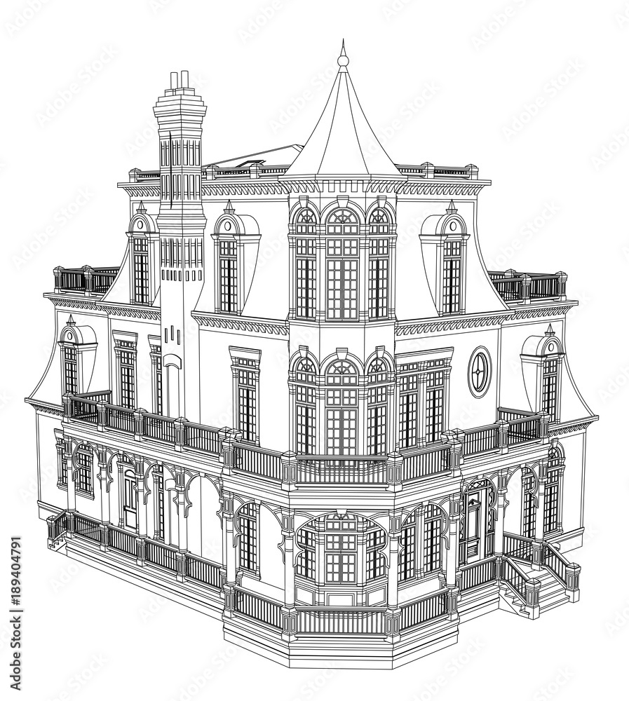Old house in Victorian style. Illustration on white background. Black ...