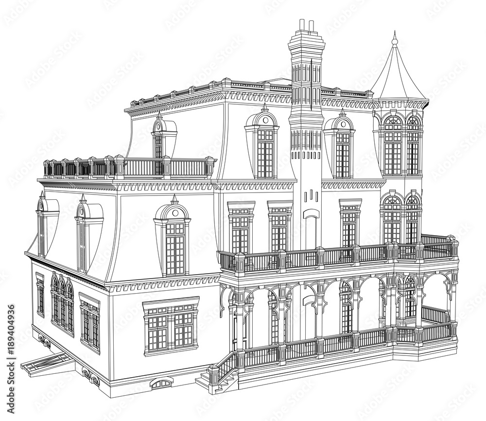 Old house in Victorian style. Illustration on white background. Black ...