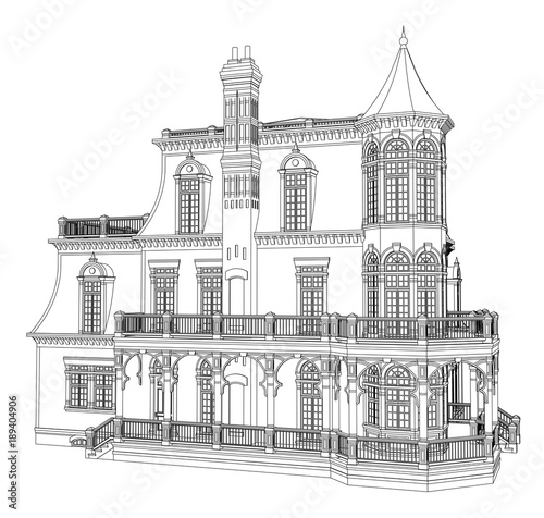 Old house in Victorian style. Illustration on white background. Black and white illustration in contour lines. Species from different sides.