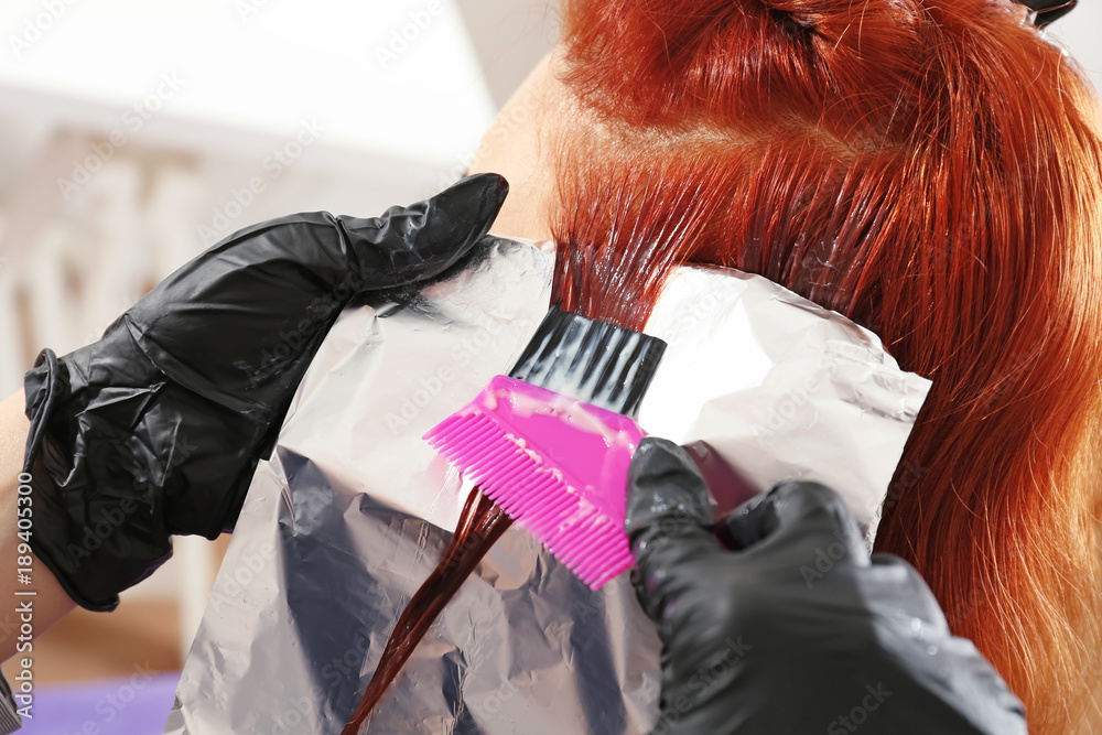 Fototapeta premium Professional hairdresser working with client in salon