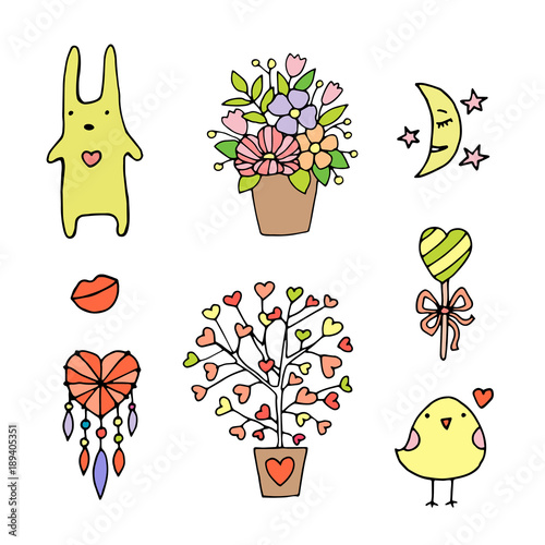 Valentine's Day Set. Collection Love stickers. Elements for your design. Labels and emblems. To decorate the greetings cards. Vector Illustration photo